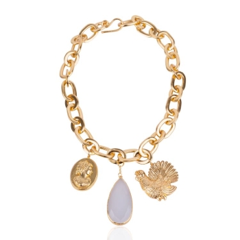 Necklace made from brass, goldplated, chalcedony