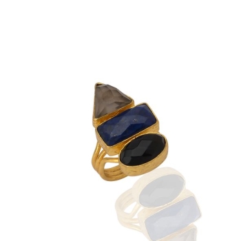 Ring aus Messing, vergoldet, Onyx, Rauchquarz, Lapislazuli