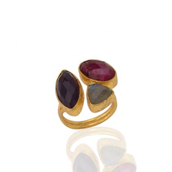 Ring made from brass, goldplated, Labradorite, Ruby, Amethyst