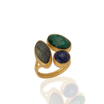 Ring made from brass, goldplated, Labradorite, Emerald, Lapislazuli