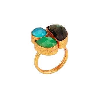 Ring made from brass, goldplated, labradorite, blue/aqua chalcedony