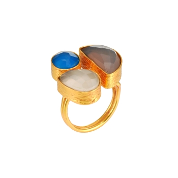 Ring made from brass, goldplated, white/blue/grey stones