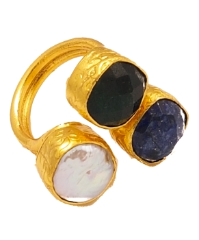 Ring aus Messing vergoldet, grüne Jade/Lapislazuli/Barockperle