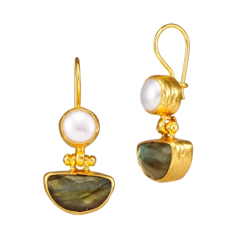 Earring made from brass, goldplated, Labradorite, pearl