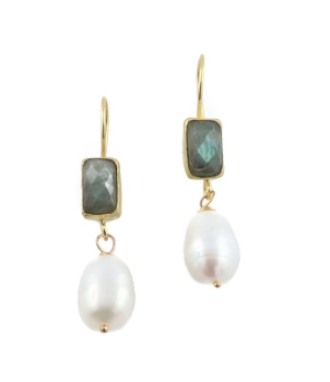 Fashionable earring made from brass, goldplated with Labradorite and baroque pearl