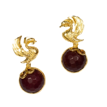 Fashionable earring, brass goldplated, with red Jade