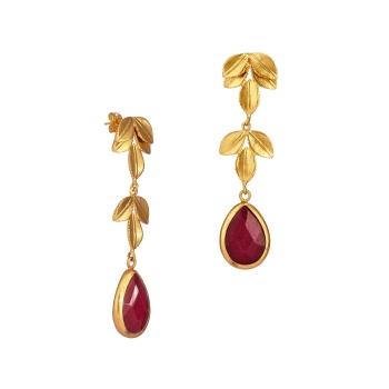 Fashionable earring, brass goldplated, with red Jade