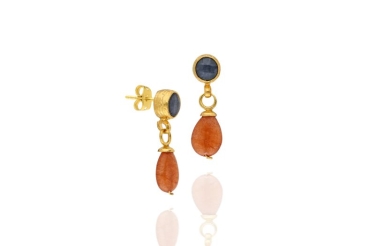 Earring made from brass, goldplated, orange, grey-blue Chalcedony