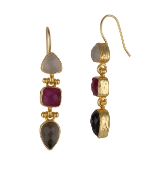 Earring made from brass, goldplated, Chalcedony, Ruby, Smoky Quartz