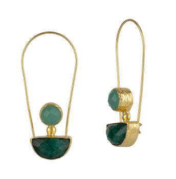 Earring made from brass, goldplated, aquachalcedony, emerald