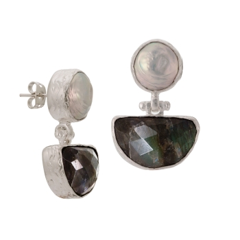 Earring made from brass, silverplated, Labradorite, baroque pearl (studs)