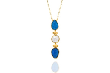Necklace made from brass, goldplated, blue Jade, baroque pearl