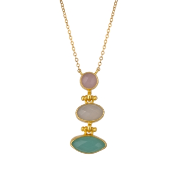 Necklace made from brass, goldplated, aqua Chalcedony, Chalcedony, Rosequartz