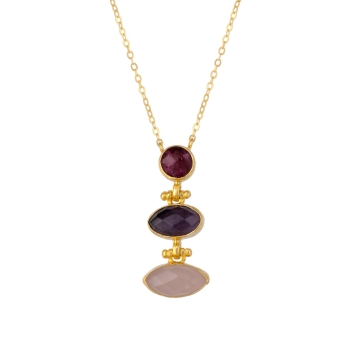 Necklace made from brass, goldplated, Ruby, Amethyst, Rosequartz