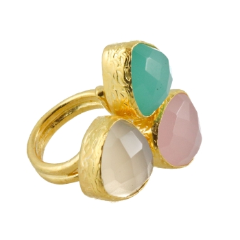 Ring made from brass, goldplated, with Rosequartz, white Chalcedony, aqua Chalcedony