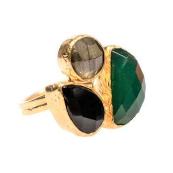 Ring aus Messing vergoldet, Onyx, grüne Jade, Labradorit