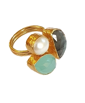 Ring aus Messing vergoldet, Labradorit, Aquachalcedon, Perle