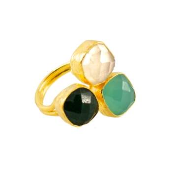 Ring aus Messing vergoldet, Chalcedon, Aqua Chalcedon, grüne Jade