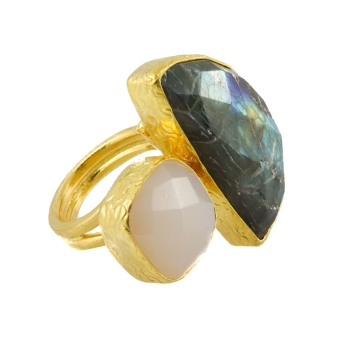 Ring aus Messing vergoldet, mit Labradorit und Chalcedon