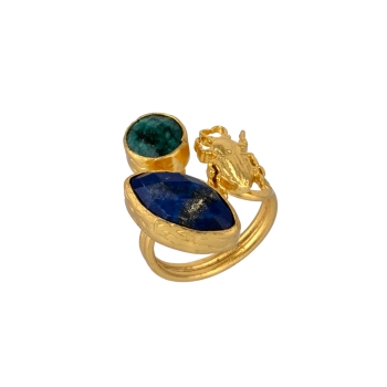 Ring aus Messing vergoldet, Lapislazuli, Samaragd