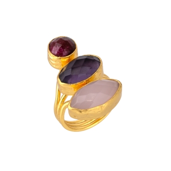 Ring made from brass, goldplated, Ruby, Amethyst, Rosequartz