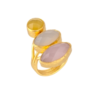 Ring made from brass, goldplated, yellow Cateye, Chalcedony, Rosequartz