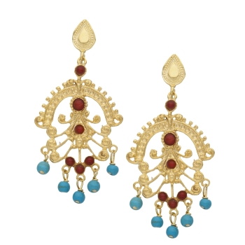 Earring made from brass, goldplated, with red Jade and Turquoise