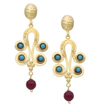 Earring made from brass, goldplated, with Turquoise and red Jade