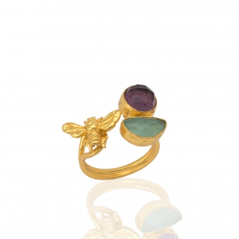 Ring aus Messing, vergoldet, Amethyst, Aquachalcedon