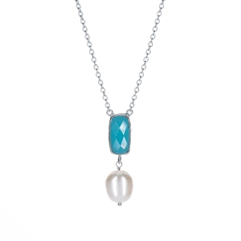 Kette aus 925 Silber, Barockperle/blauer Chalcedon