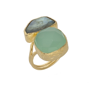 Ring made from brass, goldplated, with one aqua Chalcedony and one Labradorite