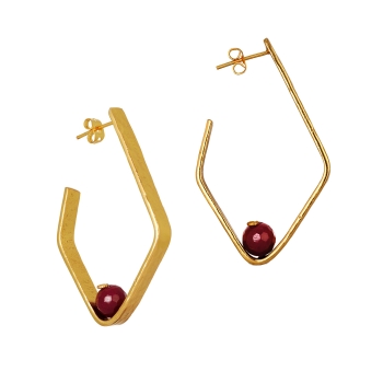 Earring, brass goldplated, red Jade