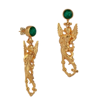 Earring  made from brass, goldplated, Emerald