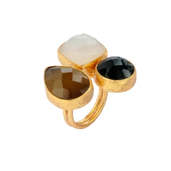 Ring made from brass, goldplated, with yellow cateye, white chalcedony, onyx