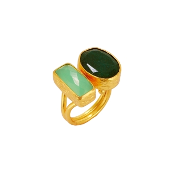 Ring aus Messing vergoldet, grüne Jade/Aquachalcedon