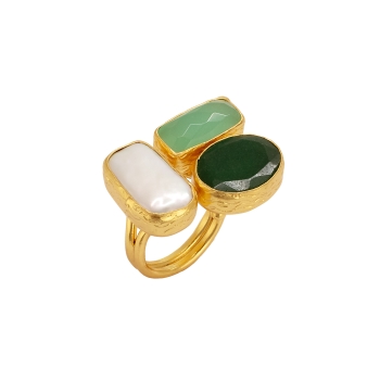 Ring aus Messing, vergoldet, Aquachalcedon/ Barockperle/ grüne Jade