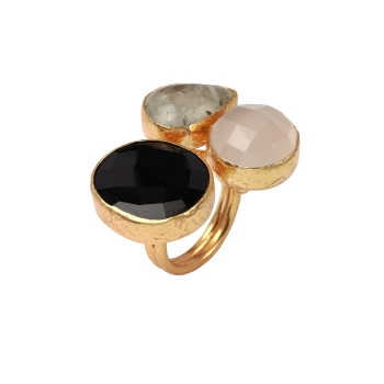 Ring made from brass, goldplated, Chalcedony, Rutilated Quartz, Onyx