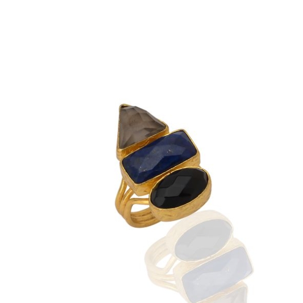 Ring made from brass, goldplated, Onyx, smoky Quartz, Lapislazuli