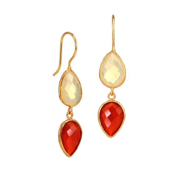 Earring made from brass, goldplated, yellowwhite/red stones