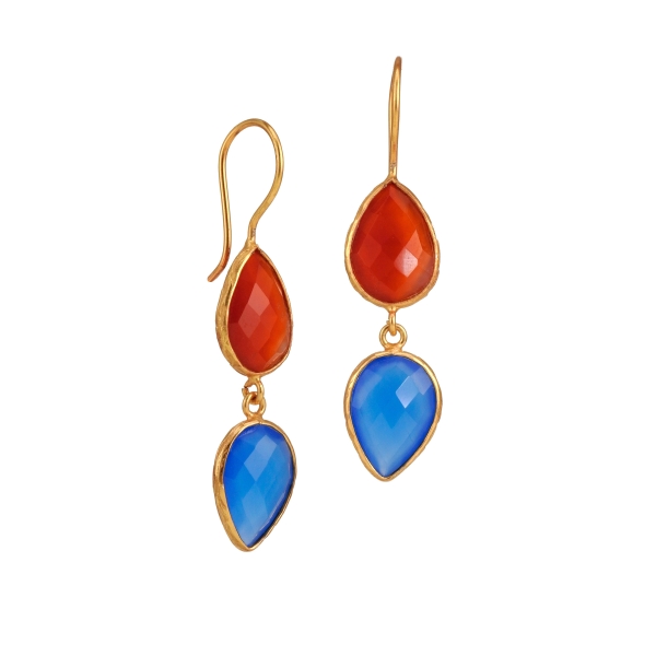 Earring made from brass, goldplated, orange/blue stones