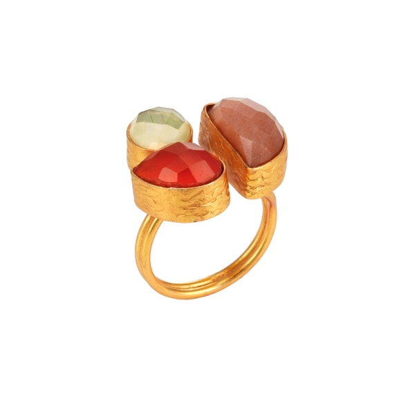 Ring made from brass, goldplated, peach/orange/white stone