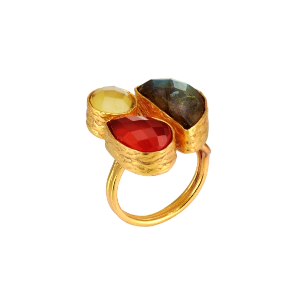 Ring made from brass, goldplated, Labra/white/red stones