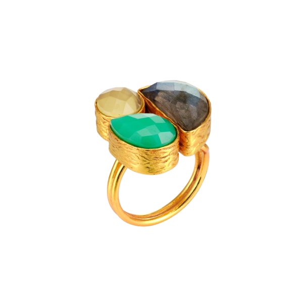 Ring made from brass, goldplated, Labra/aqua/white stones