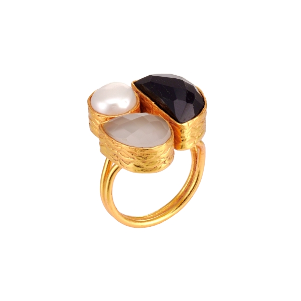 Ring made from brass, goldplated, Pearl/black/white stones