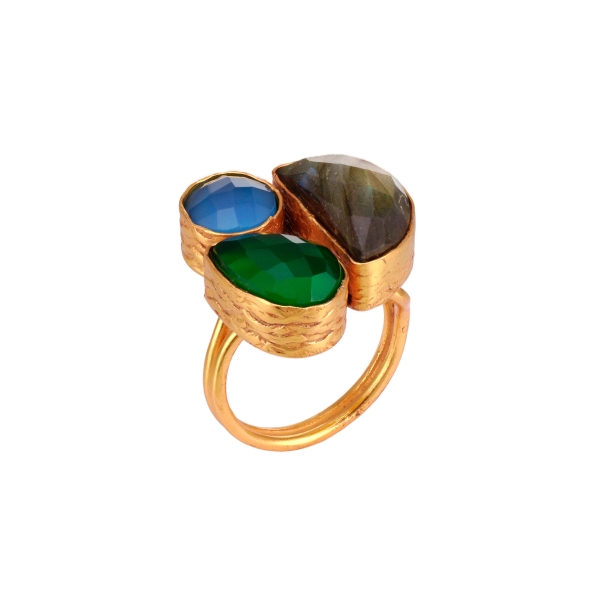 Ring made from brass, goldplated, Labra/blue/green stones