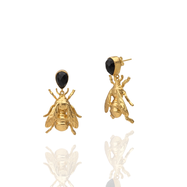 Earring made from brass, goldplated, Onyx