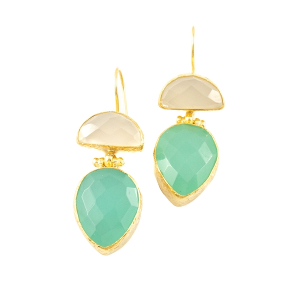 Earring made from brass, goldplated, with white Chalcedony and aqua Chalcedony