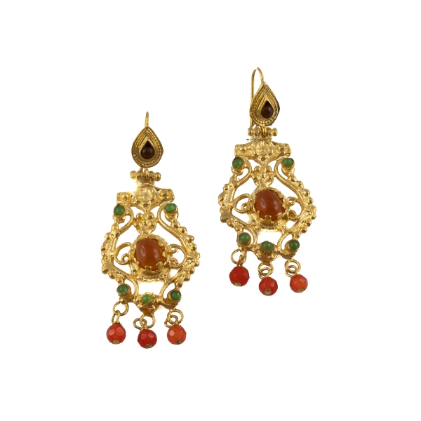 Ethno earring, brass goldplated, Carneol and green Jade