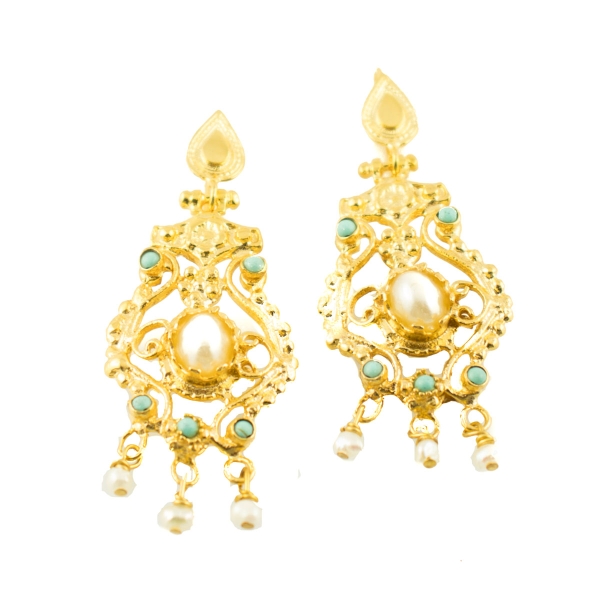 Ethno earring, brass goldplated, pearl, Turquoise