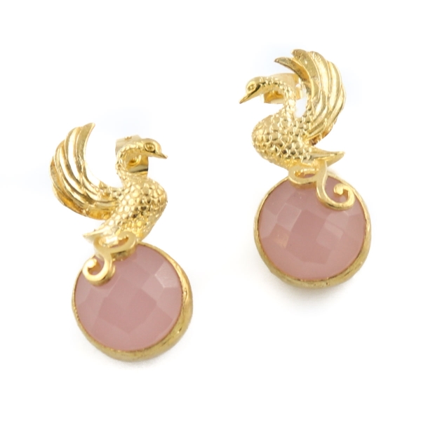 Fashionable earring, brass goldplated, with Rosequartz